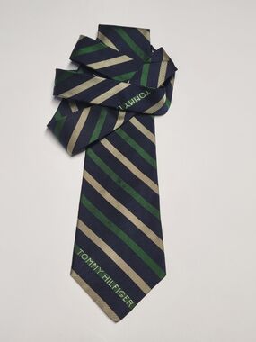 Tommy Hilfiger Navy, Green & Cream Striped Silk Tie